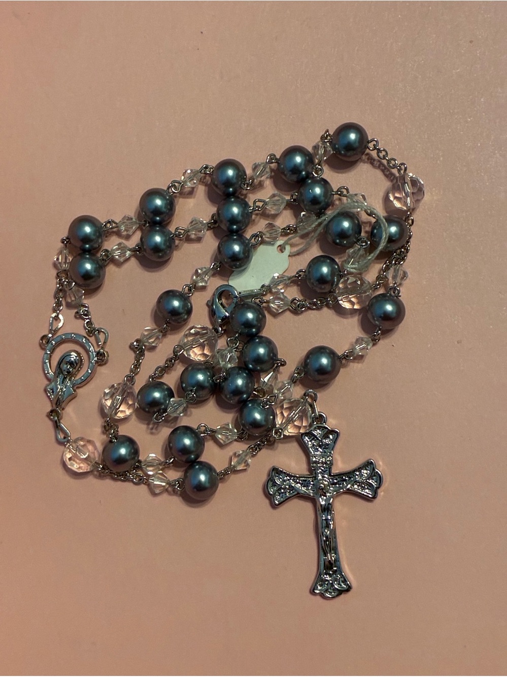 Gray Pearl Rosary Necklace with Silver Cross Pendant